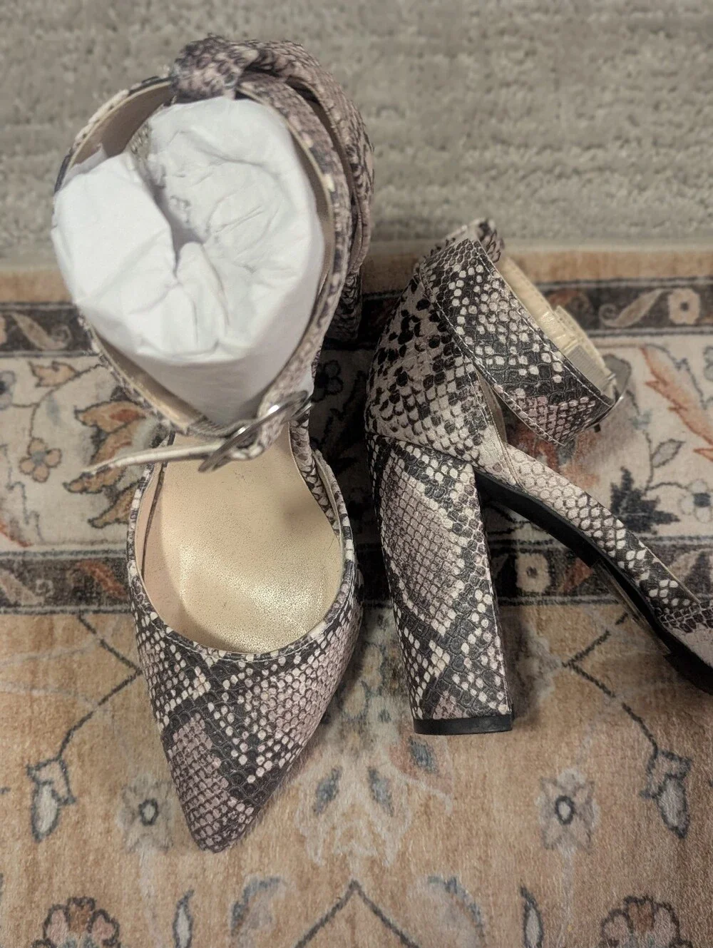 Snake Print Ankle Strap Block Heels